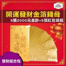 PG CITY 雙面金色金箔開運發財金箔錢母套組，含五張2000元金鈔與五個金箔紅包袋，新年招財必備, 1個