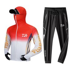 DAIWA 아이스 실크 낚시복 세트 통기성 시원한 촉감 낚시용 자외선 차단 의류 모기 방지 남성용 여름 낚시용 속건성 상하의, 빨간색 상의 + 검은색 바지, S