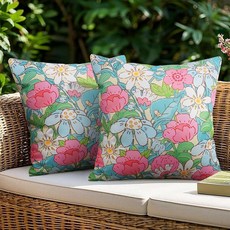 JASEN 야외 방수 장식용 쿠션 커버 45.7 x 45.7cm(18 x 18인치) 봄 꽃무늬 양면 장식 사각형 커버 파티오 가구 정원 정사각형 소파 및 소파용 - 2개 팩, Floral a