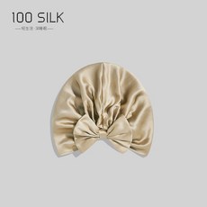 【A 優選】新款雙層19姆米100%桑蠶絲蝴蝶結真絲髮帽 女士浴帽 透氣睡帽 月子帽, 1個, 香檳金