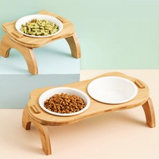강아지밥그릇 고양이식기 애견 원목 세라믹식기 물그릇 1구 2구, 2구(식기포함), 1개