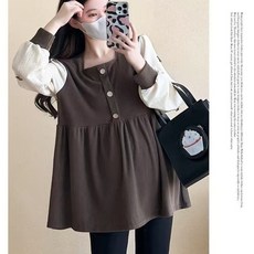 임산부 셔츠 스퀘어넥 카멜 긴팔 상의 셔츠 루즈핏 날씬해 보이는 블라우스 봄 여름 임부복 ZZL