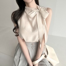 쪼예 하객룩 쉬폰 리본타이 시스루 슬리브리스 블라우스
