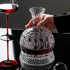 球形旋轉醒酒器 陀螺玻璃分酒壺 紅酒杯套裝, 1個, 球形旋轉醒酒器+2支黑領結紅酒杯