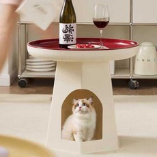 고양이 숨숨집 테이블 협탁 반려묘 하우스 철체 테이블, 1개, 화이트/레드