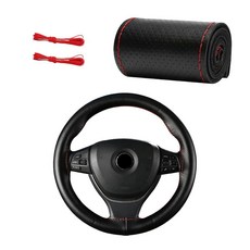 자동차 스티어링 휠 커버 최대 직경 15인치용 미끄럼 방지 스티치 랩 프로텍터 바늘 실로 DIY 바느질 범용 액세서리 블랙 미들 홀, Middle Hole, Black & Red, 블랙 및 레드