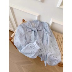 해피유통 여성 봄 여름 가을 긴팔 블라우스 귀여운 도트 무늬 리본 넥 쉬폰 셔츠 mgy