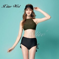 小薇的店 MIT聖手品牌 軍綠網布拼接高腰短褲二件式短背心泳裝，時尚流行，台灣製造, F
