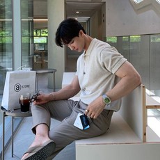 ANYOU 슬림핏 남성 여름 니트 반팔 티셔츠 베이직 데일리 티셔츠