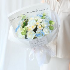 玫瑰茉莉香皂花束 漸層仿真花束 附提袋與燈串, 1個, 玫瑰茉莉花束_碎冰藍