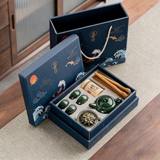 SUUNI 국조 중국풍 비즈니스 선물 다기 세트, 녹색, 4컵+향로+향+티슈차집게+선물세트, 1세트
