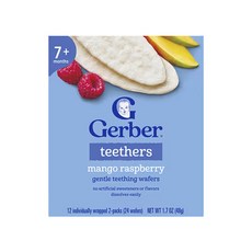 거버 아기용 스낵 티더 부드러운 치아 발육 웨이퍼 7개월 이상 개별 포장 2팩 12개 각 4g(0.14oz), 망고 라즈베리, 48g, 1개