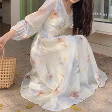 【法式仙女裙】連衣裙 長裙 印花裙 仙女裙 森系裙 早春連衣裙 修身顯瘦 溫柔風印花 長袖設計 2025早春新款