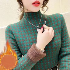 여성용 가을 겨울 반폴라 니트 데일리 슬림핏 긴팔 체크 기모 스웨터