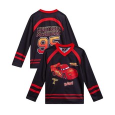 Disney 남아용 스포츠 저지 - 미키 마우스 카 라이트닝 맥퀸 릴로와 스티치 하키 야구 (사이즈: 3T-7) 블랙/레드 103002