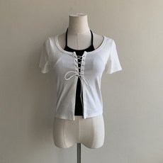 Twenty 個性韓妞--假兩件前綁帶水洗棉質上衣 2501194