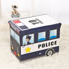 兒童警察卡通儲物箱 可摺疊玩具收納凳, 藏青色警車車廂_普通款, 1套
