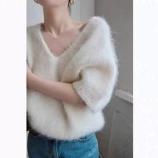 여성 브이넥 니트 복고풍 자카드 앙고라