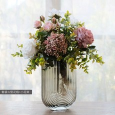 인공 꽃 거베라 정원 바지 조화 파티 웨딩 33cm 꽃다발 인테리어 축제 장식 사이즈 로맨, 세트U자형 꽃병  우아한 핑크 부케