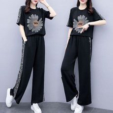 지고다그 여성 여름 캐주얼 투피스 세트 플라워 프린트 반팔 와이드 팬츠 편안한 착용감 CG455