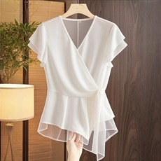 로르카 여성 브이넥 프릴 소매 허리리본 패션 우아한 반팔 블라우스 K0031302