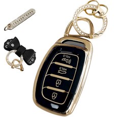 루루형제 현대 호환 자동차 프리미엄 TPU 키 케이스+번호 키링+가죽리본, 다크블랙, AH-04