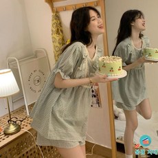 쏵몰 여성 여름 잠옷 잠옷세트 격자 무늬 파자마 세트 4 색 러플 세련된 심플 캐주얼