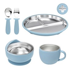硅膠不鏽鋼餐具五件套食品級嬰兒餵養餐具帶吸盤兒童吃飯訓練套裝, 1個, 13, 灰藍【不鏽鋼餐盤+不鏽鋼蝸牛碗+不鏽鋼單耳杯+不鏽鋼數字叉勺