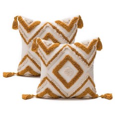 AND &reannie 보헤미안 터프팅 장식용 쿠션 커버 2개 팩 자수 텍스처 커버 태슬 포함 부드러운 홈 데코 소파 소파용 45.7 x 45.7cm(18 18인치) (