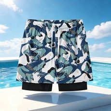 男士寬版五分泳褲 雙層透氣速乾沙灘度假短褲