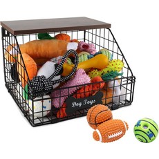브래브토드 메탈 개 장난감 바구니11.8x12x8 보관 정리함 액세서리용 사다리꼴 통 나무 선반이 있는 견고하고 조립하기 쉬운 애완동물 용품 랙