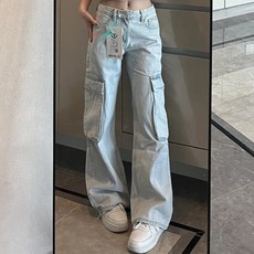 쁘띠꼬모 여성용 플랩 포켓 카고 청바지 유니크 포켓 와이드 청바지 H4120928