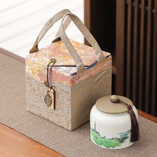 限時%特價 高档茶叶包装盒陶瓷复古家用密封罐防潮绿茶龙井通用空礼盒定制, 1個, 古典青山茶叶罐+黄色单罐布包