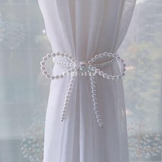 窗簾綁帶 窗簾捆 綁帶 珍珠網紅仙女可愛磁吸磁鐵帶鑽蝴蝶結束帶紮帶綁繩, 大蝴蝶結窗簾扣45cm,一對裝, 1個