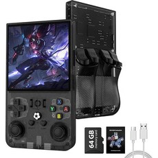r36max 開源掌機 台灣72H發貨 家用高清懷舊掌上遊戲機 PSP搖桿街機, 透黑,64G英文版