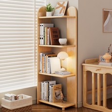 實木轉角書架落地兒童收納架：多層置物、環保安全、轉角設計、客廳臥室適用, 原木色書架 實木多層置物