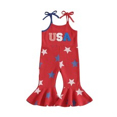 7월 4일 유아 소녀 의상 미국 롬퍼 스파게티 스트랩 벨 하의 점프수트 레드 화이트 및 블루 의상 Usa Star Blue 3~4세