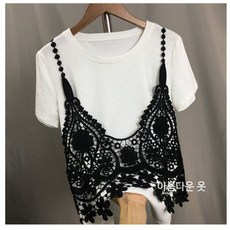 뷔스티에니트 레이스 조끼 그물 손뜨개 레이어드 탑 크롭 키작녀 사계절