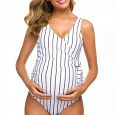 임산부 수영복 여성 모노키니 폴리에스터 임부 수영복 만삭 스트라이프 줄무늬 원피스 스타일 브이넥
