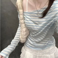 해피유통사선넥 스트라이프 반팔 티셔츠 여성 여름 루즈핏 데일리 상의