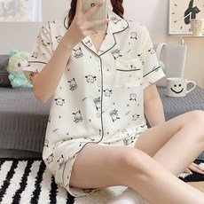 아프레크 귀여운 심플 화이트 멍뭉이 반팔 반바지 여름 잠옷