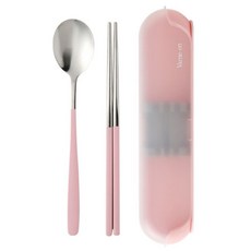 스텐 무소음 휴대용 피크닉 직장인 도시락 수저통 세트, 1개, 숟가락+젓가락+케이스, 핑크