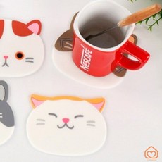 귀여운 고양이 실리콘코스터 논슬립패드 잔 컵받침대 티코스터, 화이트
