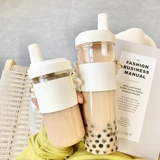 奶茶水杯女生帶吸管簡約便攜吸珍珠大顆粒高顏值大容量杯子, 1個, 1L, 白色:500ml玻璃杯