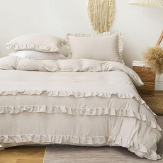 Jolusere 화이트 러플 이불 커버 트윈 용 섀비 시크 팜하우스 침구 세트 2피스 100% 워싱 극세사 보헤미안 빈티지 지퍼 잠금 코너 타이 베개 1개 183355, Beige Ruffle
