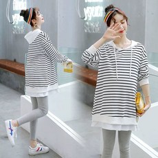 봄 가을 임산부 세트 캐주얼 임부복 기질 임부 스트라이프 후드 맨투맨 + 하이웨이스트 스키니 레깅스 팬츠 상하 투피스 세트 LPC