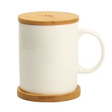 본차이나 도자기 뚜껑 머그컵 나무뚜껑 손잡이 커피 머그잔 400ml, 1개, 화이트