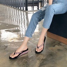 여성 쪼리 웨지 슬리퍼 4cm 쿠션 스트라이프 여름 샌들