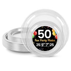 LANLISA 파티용 빨간색 플라스틱 접시 50개 63.5-22.9cm(25-9인치) 및 63.5-17.8cm(25-7인치) 일회용 케이크 디저트 생일 발렌타인데이 졸업식, Clear