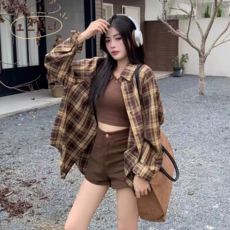 오스틱니 초특가 여성용 봄가을 외출용 루즈핏 체크 셔츠